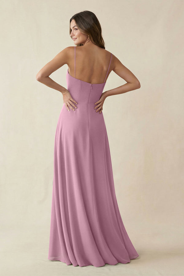 Spaghetti Strap A - Line Chiffon Maxi Bridesmaid Dress in Vintage Mauve - KissProm Bridesmaid Dresses