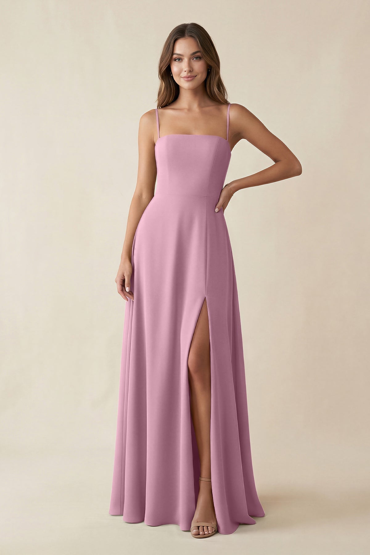 KissProm Spaghetti Strap A-Line Chiffon Maxi Bridesmaid Dress in Vintage Mauve, Vintage Mauve / 22