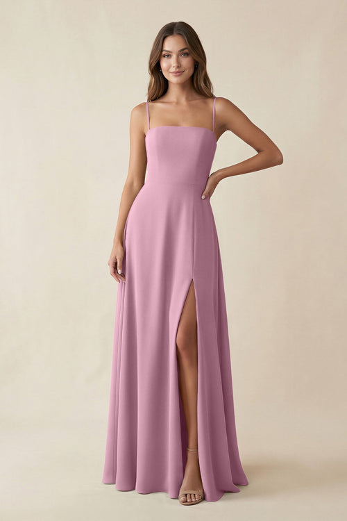 Spaghetti Strap A - Line Chiffon Maxi Bridesmaid Dress in Vintage Mauve - KissProm Bridesmaid Dresses