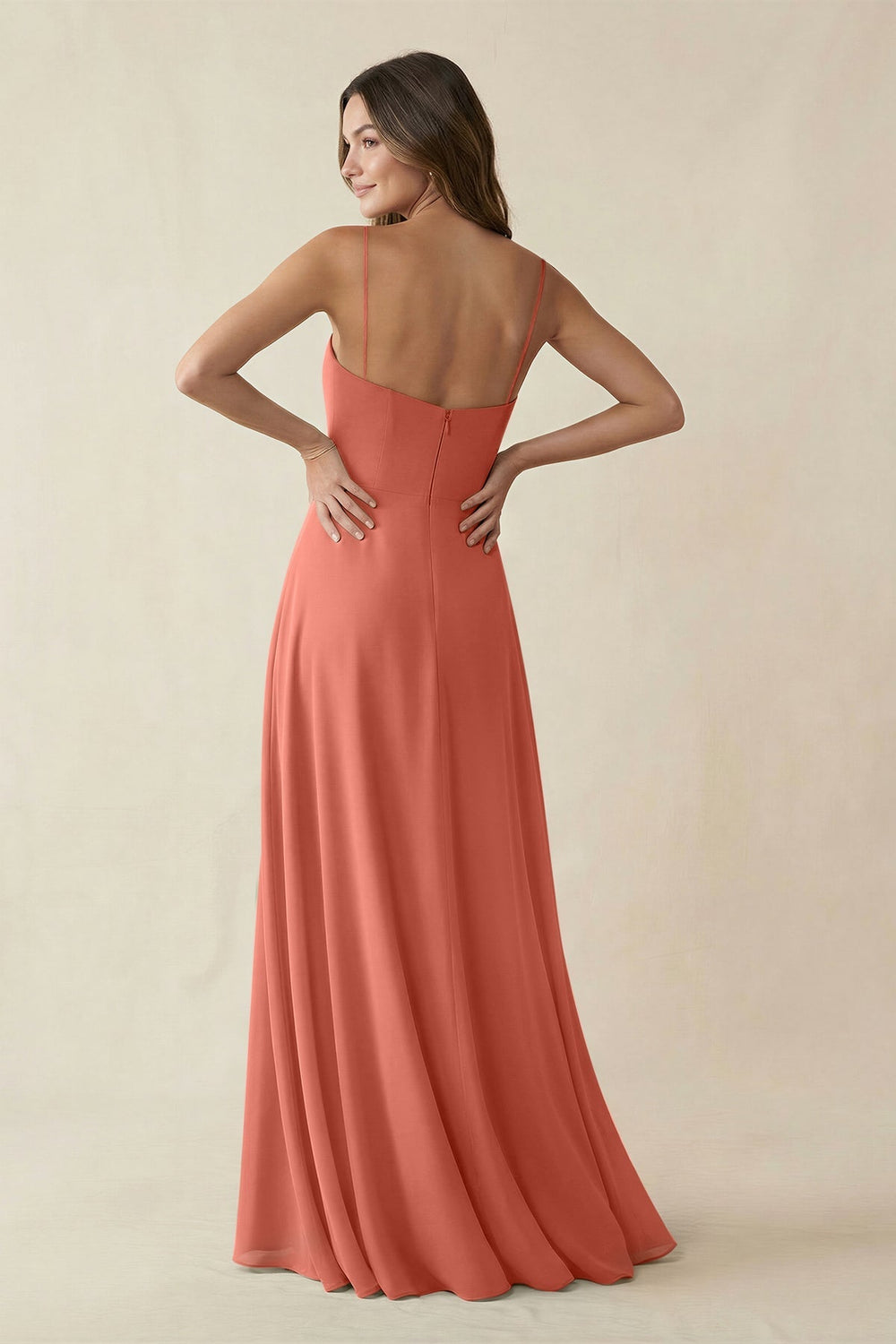 Spaghetti Strap A - Line Chiffon Maxi Bridesmaid Dress in Wild Rose - KissProm Bridesmaid Dresses