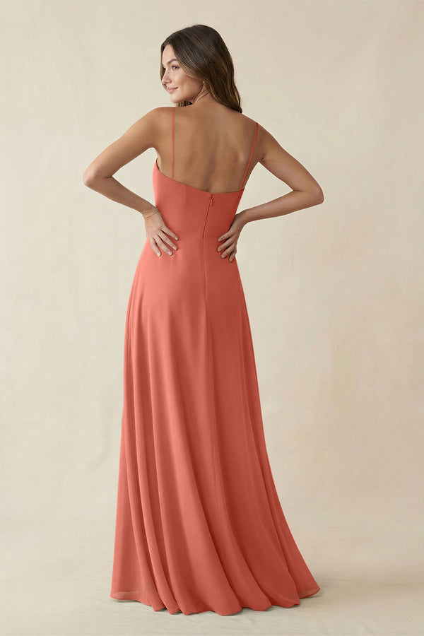 Spaghetti Strap A - Line Chiffon Maxi Bridesmaid Dress in Wild Rose - KissProm Bridesmaid Dresses