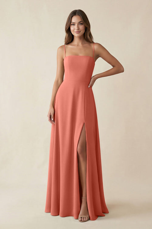 Spaghetti Strap A - Line Chiffon Maxi Bridesmaid Dress in Wild Rose - KissProm Bridesmaid Dresses