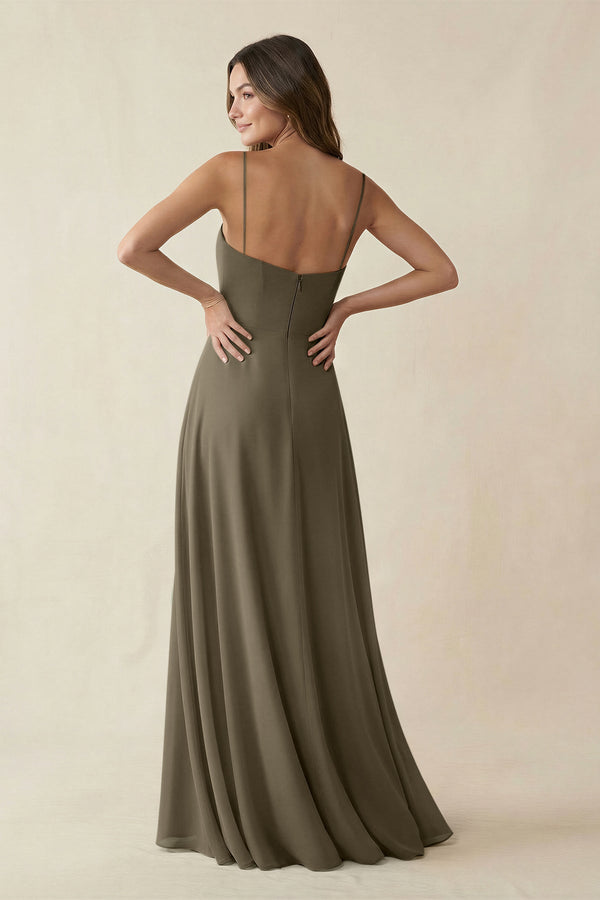 Spaghetti Strap A - Line Chiffon Maxi Bridesmaid Dress in Willow Green - KissProm Bridesmaid Dresses