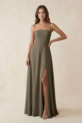 Spaghetti Strap A - Line Chiffon Maxi Bridesmaid Dress in Willow Green - KissProm Bridesmaid Dresses