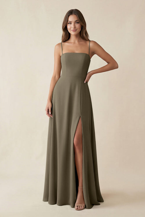 Spaghetti Strap A - Line Chiffon Maxi Bridesmaid Dress in Willow Green - KissProm Bridesmaid Dresses