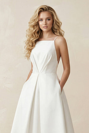 Spaghetti Strap A - Line Satin Midi Wedding Dress in White - KissProm Wedding Dresses
