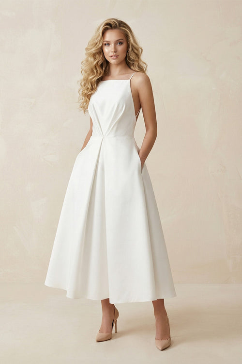 KissProm Spaghetti Strap A-Line Satin Midi Wedding Dress in White, White / 18