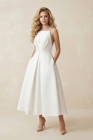 Spaghetti Strap A - Line Satin Midi Wedding Dress in White - KissProm Wedding Dresses