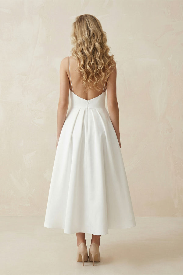 KissProm Spaghetti Strap A-Line Satin Midi Wedding Dress in White, White / 18
