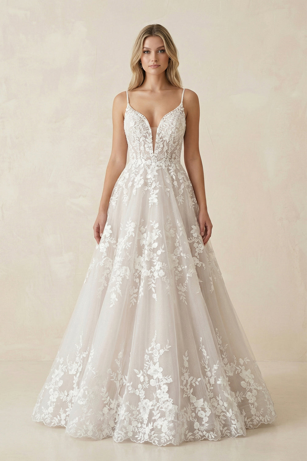 A-Line Sweep Train Deep V-Neck Wedding Dress With Appliques – Wedding Dresses by KissProm | Available at KissProm