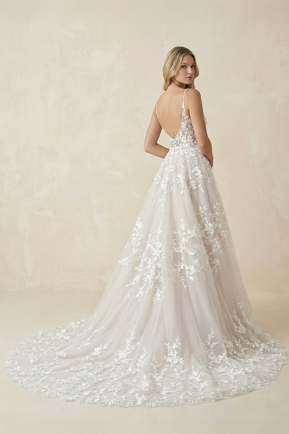 A-Line Sweep Train Deep V-Neck Wedding Dress With Appliques – Wedding Dresses by KissProm | Available at KissProm
