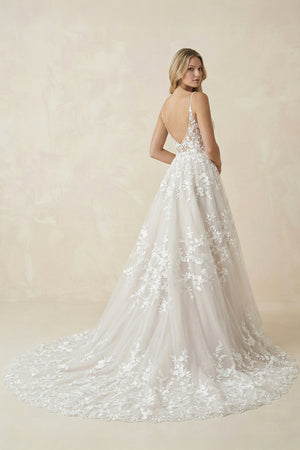 A-Line Sweep Train Deep V-Neck Wedding Dress With Appliques – Wedding Dresses by KissProm | Available at KissProm