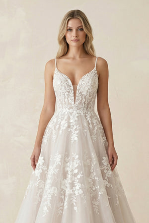 A-Line Sweep Train Deep V-Neck Wedding Dress With Appliques – Wedding Dresses by KissProm | Available at KissProm