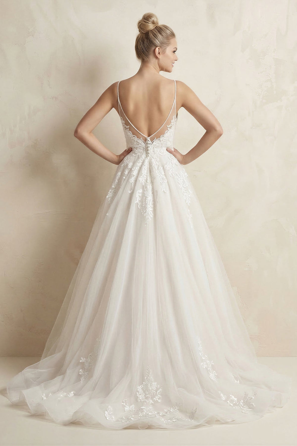 Spaghetti Strap Ball Gown Tulle Appliqued Wedding Dress in Ivory - KissProm Wedding Dresses