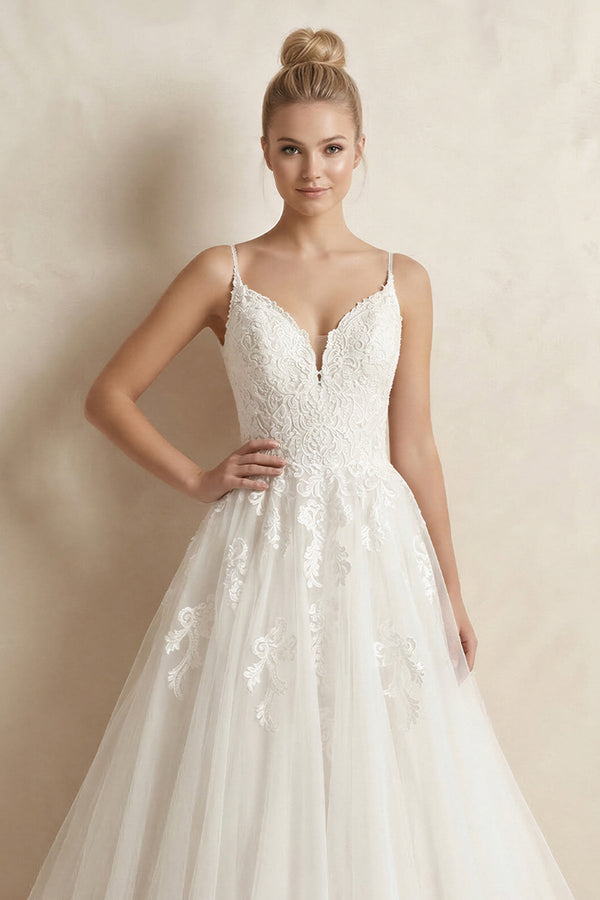 Spaghetti Strap Ball Gown Tulle Appliqued Wedding Dress in Ivory - KissProm Wedding Dresses