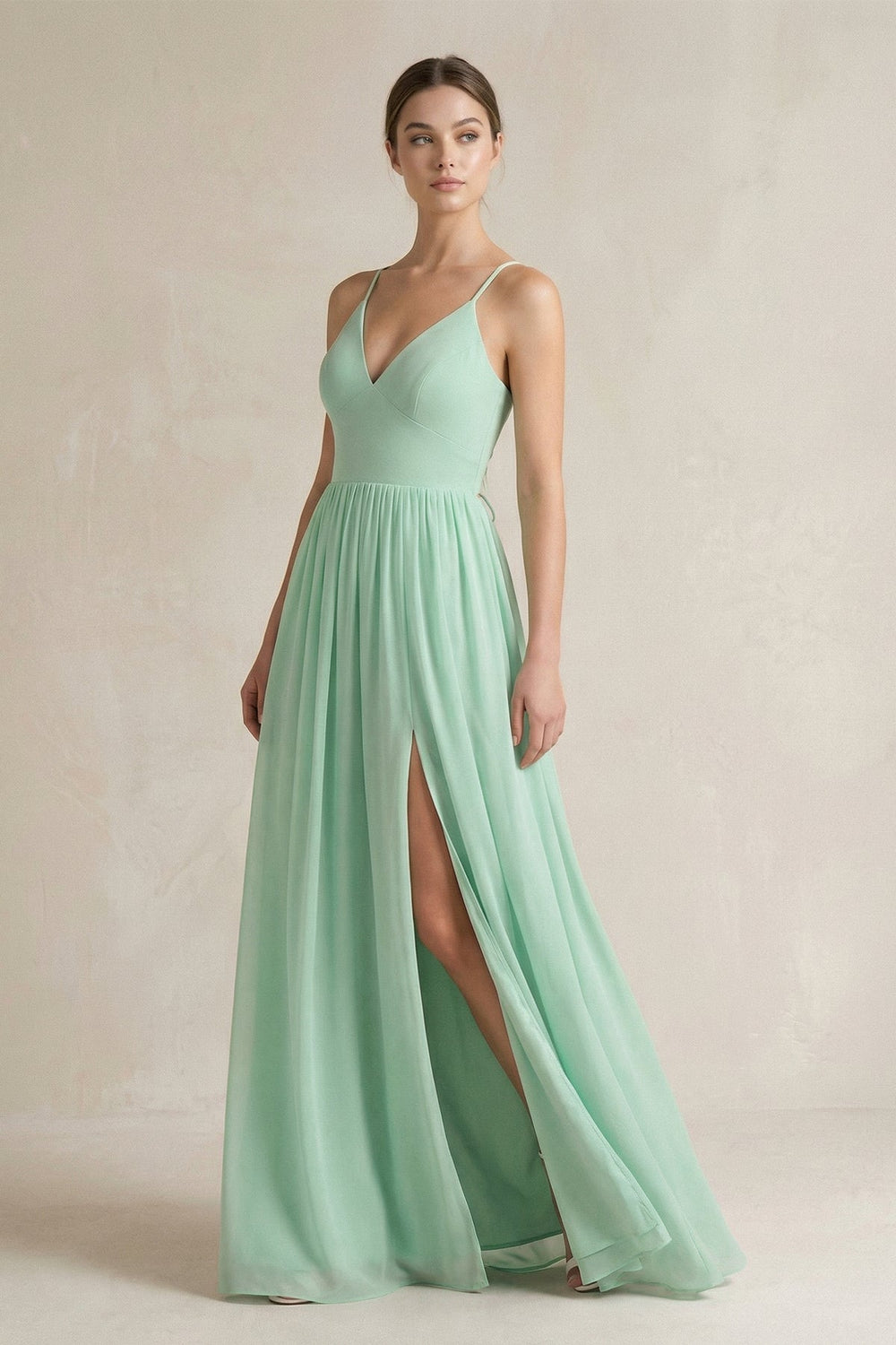 A-Line Spaghetti Strap Chiffon Bridesmaid Dress in Pale Pistachio - KissProm BRIDESMAID DRESSES