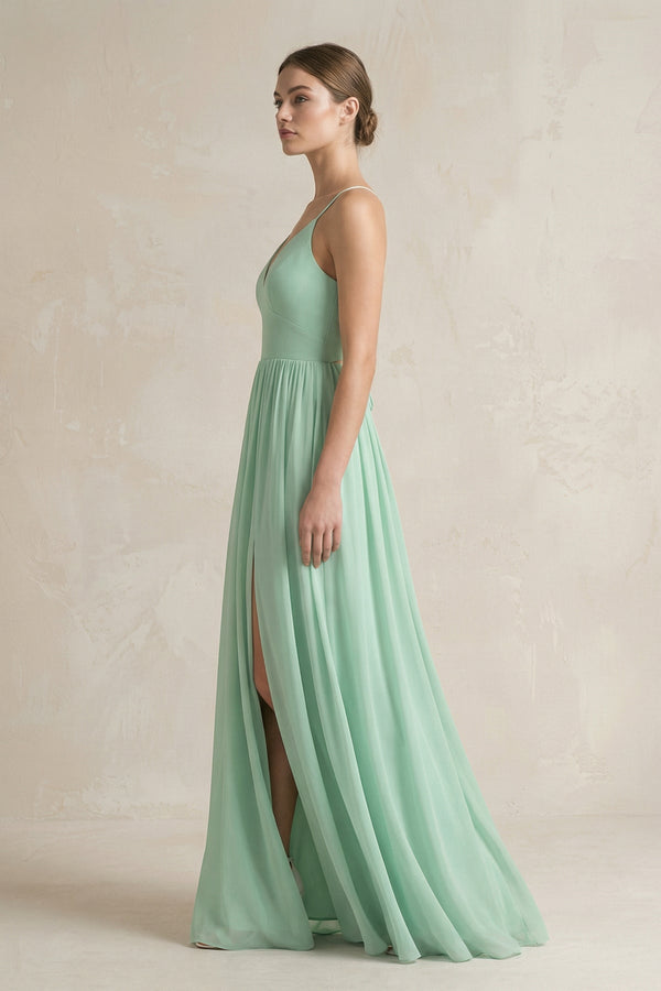 A-Line Spaghetti Strap Chiffon Bridesmaid Dress in Pale Pistachio - KissProm BRIDESMAID DRESSES