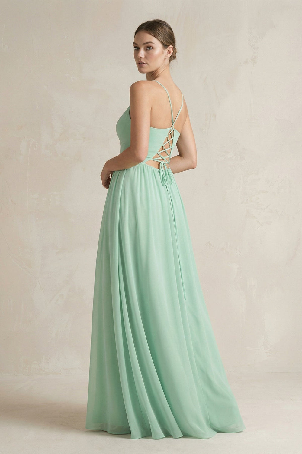 A-Line Spaghetti Strap Chiffon Bridesmaid Dress in Pale Pistachio - KissProm BRIDESMAID DRESSES