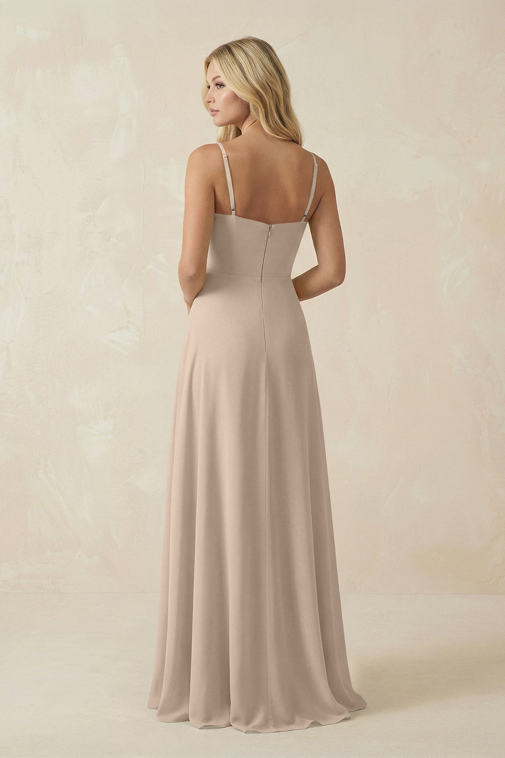 Spaghetti Strap Chiffon A - Line Bridesmaid Dress in Almond - KissProm Bridesmaid Dresses