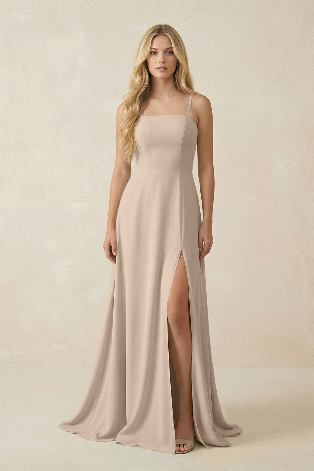 Spaghetti Strap Chiffon A - Line Bridesmaid Dress in Almond - KissProm Bridesmaid Dresses