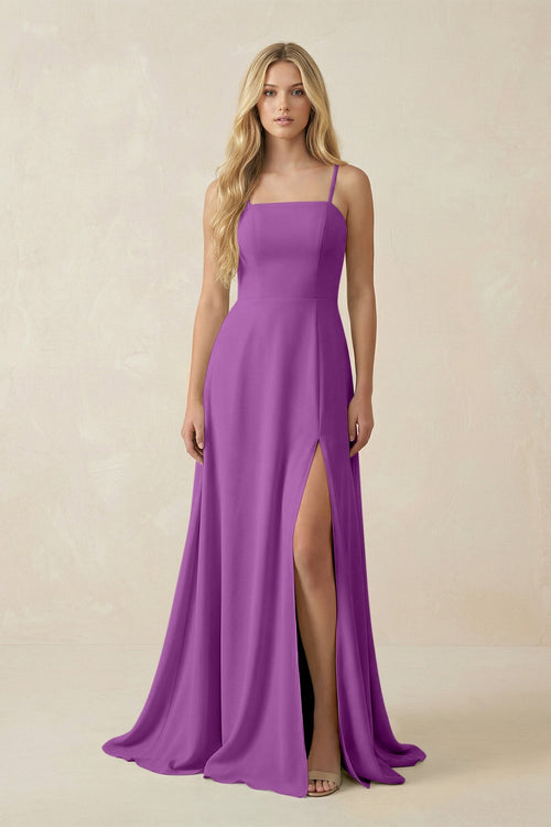 KissProm Spaghetti Strap Chiffon A-Line Bridesmaid Dress in Amethyst, Amethyst / 26