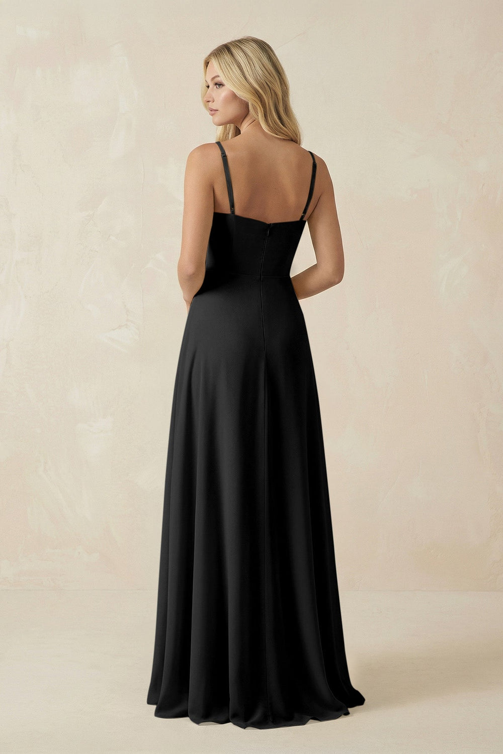 Spaghetti Strap Chiffon A - Line Bridesmaid Dress in Black - KissProm Bridesmaid Dresses
