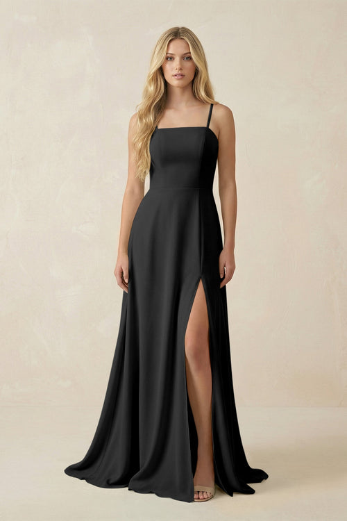 KissProm Spaghetti Strap Chiffon A-Line Bridesmaid Dress in Black, Black / 6
