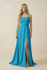 Spaghetti Strap Chiffon A - Line Bridesmaid Dress in Blue Jay - KissProm Bridesmaid Dresses