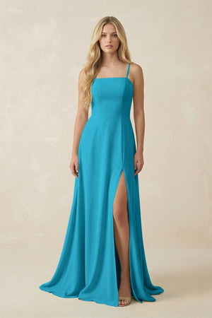Spaghetti Strap Chiffon A - Line Bridesmaid Dress in Blue Jay - KissProm Bridesmaid Dresses