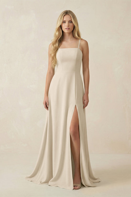Spaghetti Strap Chiffon A - Line Bridesmaid Dress in Champagne - KissProm Bridesmaid Dresses
