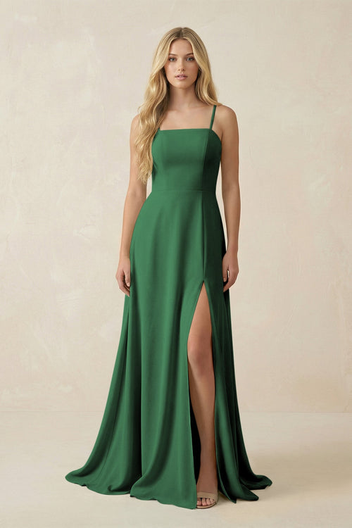 Spaghetti Strap Chiffon A - Line Bridesmaid Dress in Dark Green - KissProm Bridesmaid Dresses
