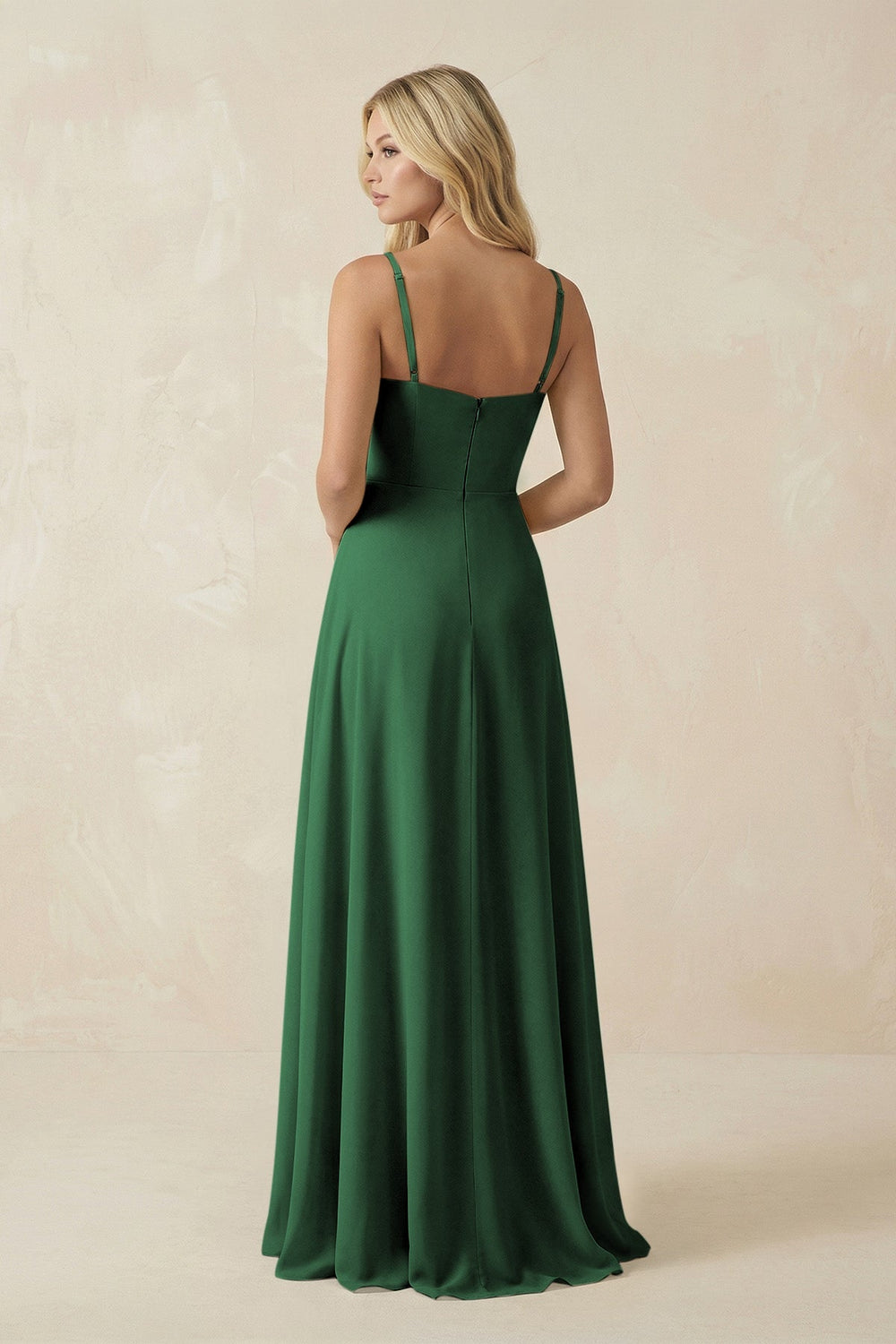 Spaghetti Strap Chiffon A - Line Bridesmaid Dress in Dark Green - KissProm Bridesmaid Dresses