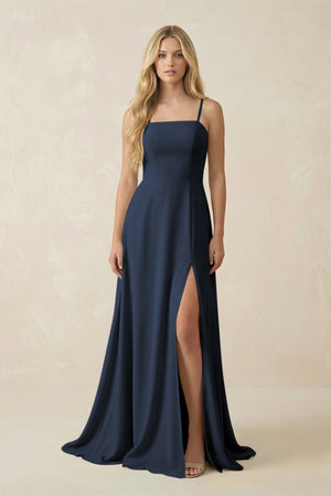Spaghetti Strap Chiffon A - Line Bridesmaid Dress in Dark Navy - KissProm Bridesmaid Dresses