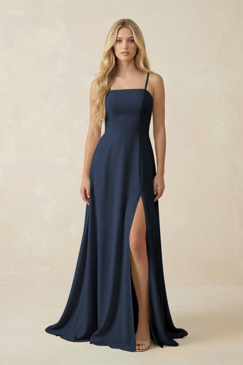 Spaghetti Strap Chiffon A - Line Bridesmaid Dress in Dark Navy - KissProm Bridesmaid Dresses