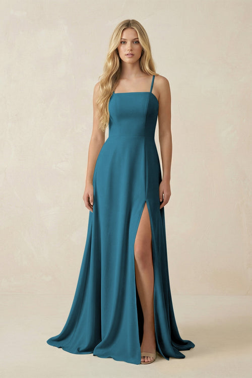 KissProm Spaghetti Strap Chiffon A-Line Bridesmaid Dress in Dark Teal, Dark Teal / 6