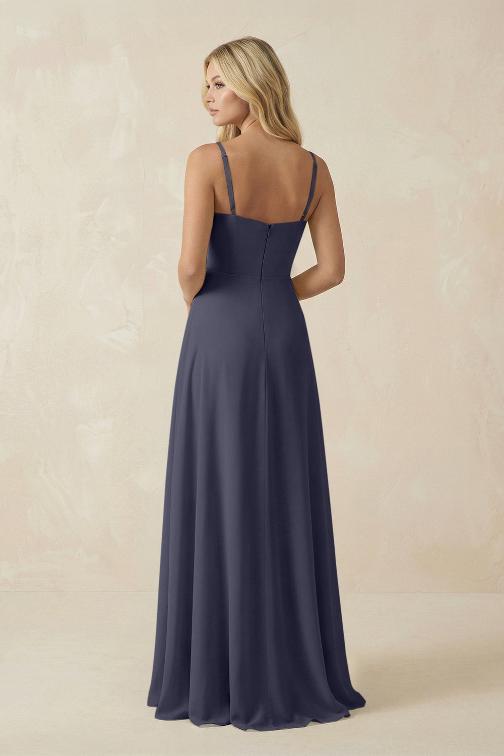 Spaghetti Strap Chiffon A - Line Bridesmaid Dress in Dusk Blue - KissProm Bridesmaid Dresses