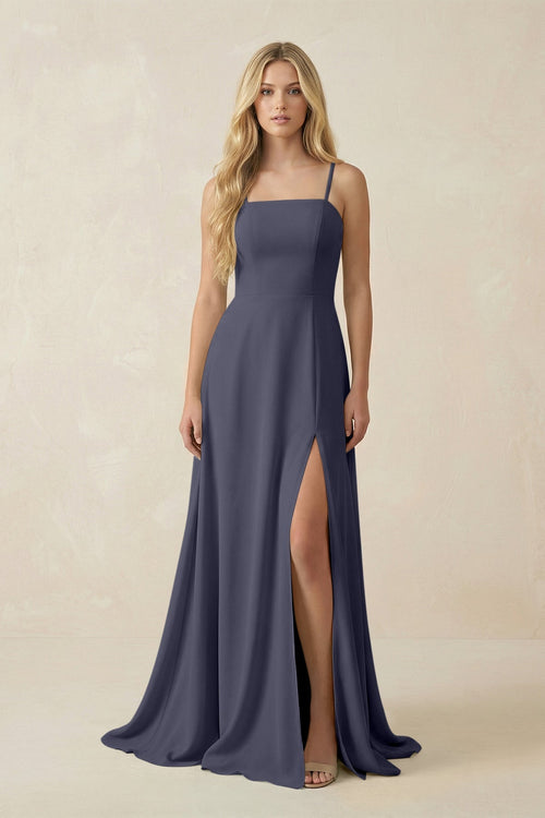 Spaghetti Strap Chiffon A - Line Bridesmaid Dress in Dusk Blue - KissProm Bridesmaid Dresses