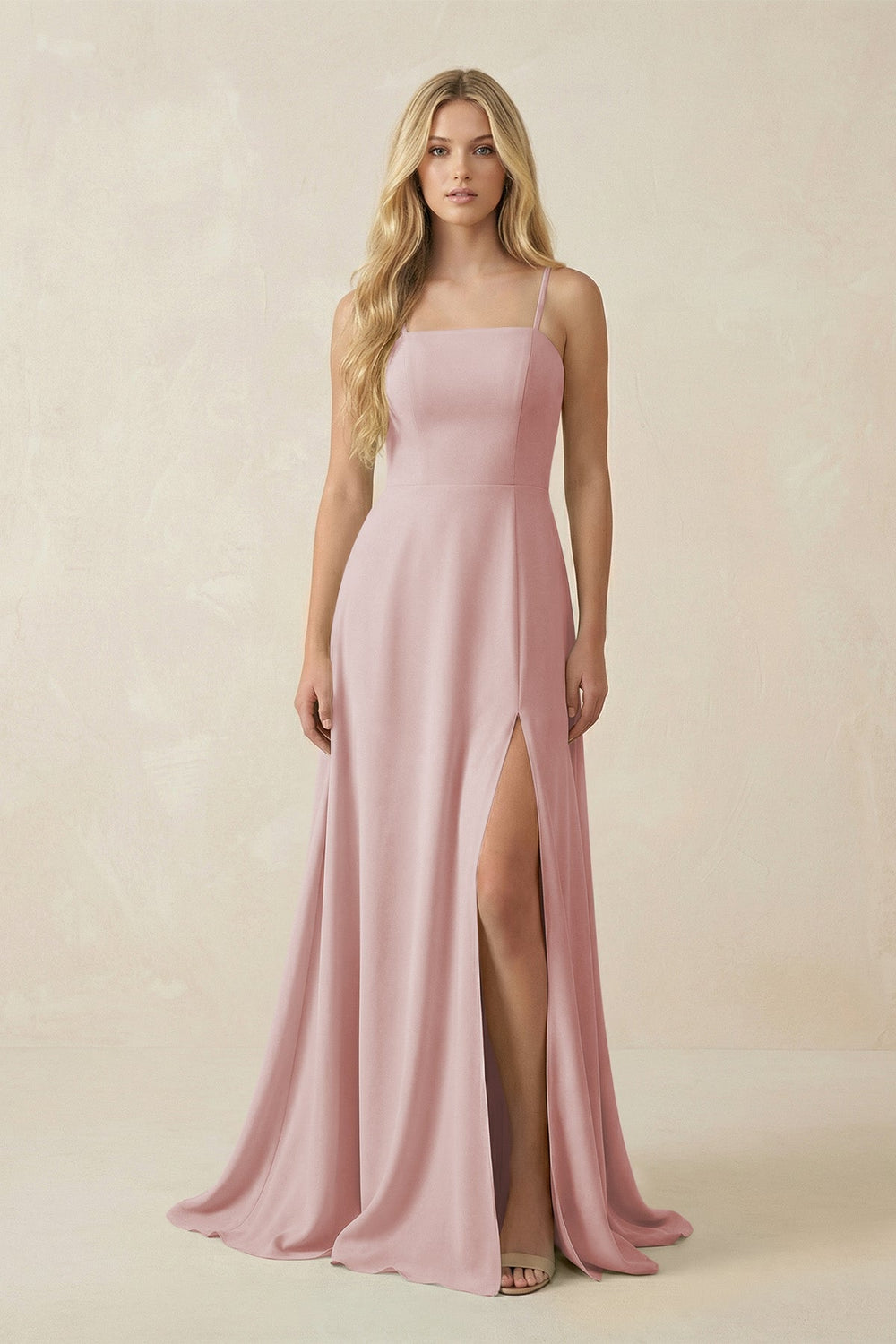 Spaghetti Strap Chiffon A - Line Bridesmaid Dress in Dusty Rose - KissProm Bridesmaid Dresses