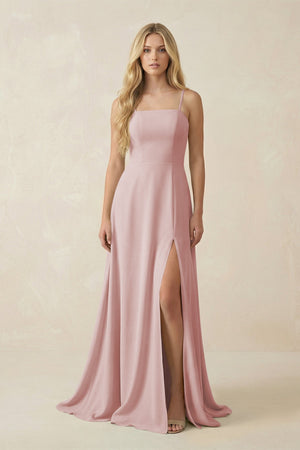 Spaghetti Strap Chiffon A - Line Bridesmaid Dress in Dusty Rose - KissProm Bridesmaid Dresses