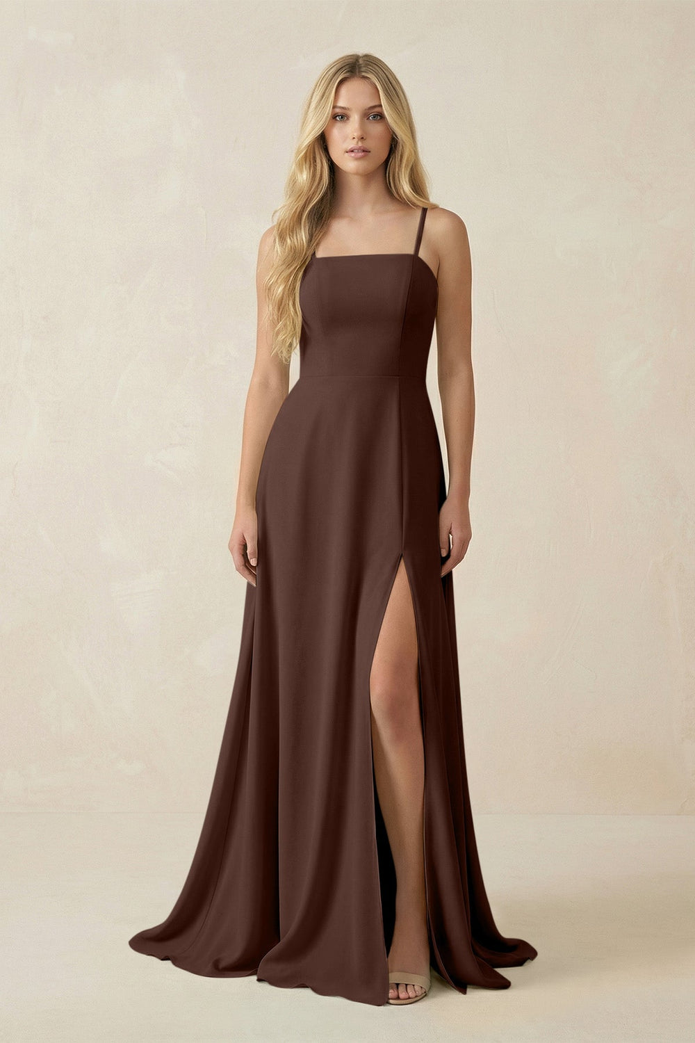 Spaghetti Strap Chiffon A - Line Bridesmaid Dress in Espresso - KissProm Bridesmaid Dresses