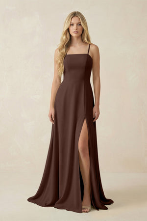 Spaghetti Strap Chiffon A - Line Bridesmaid Dress in Espresso - KissProm Bridesmaid Dresses