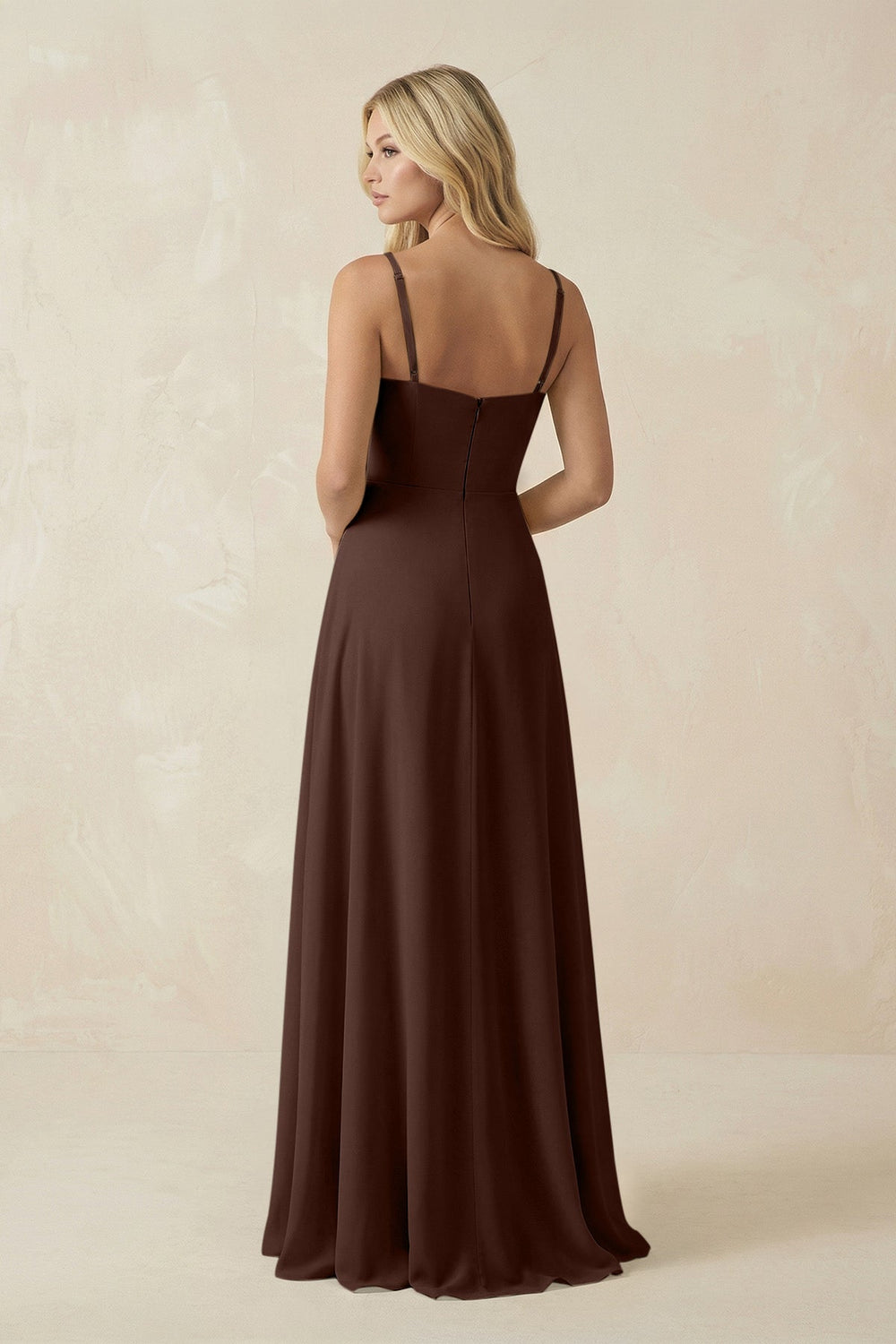 Spaghetti Strap Chiffon A - Line Bridesmaid Dress in Espresso - KissProm Bridesmaid Dresses