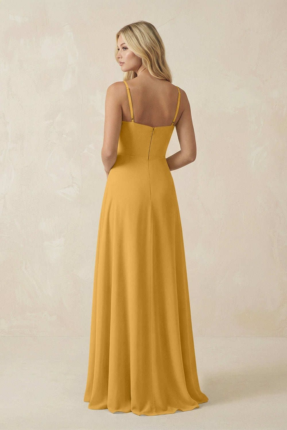 Spaghetti Strap Chiffon A - Line Bridesmaid Dress in Marigold - KissProm Bridesmaid Dresses
