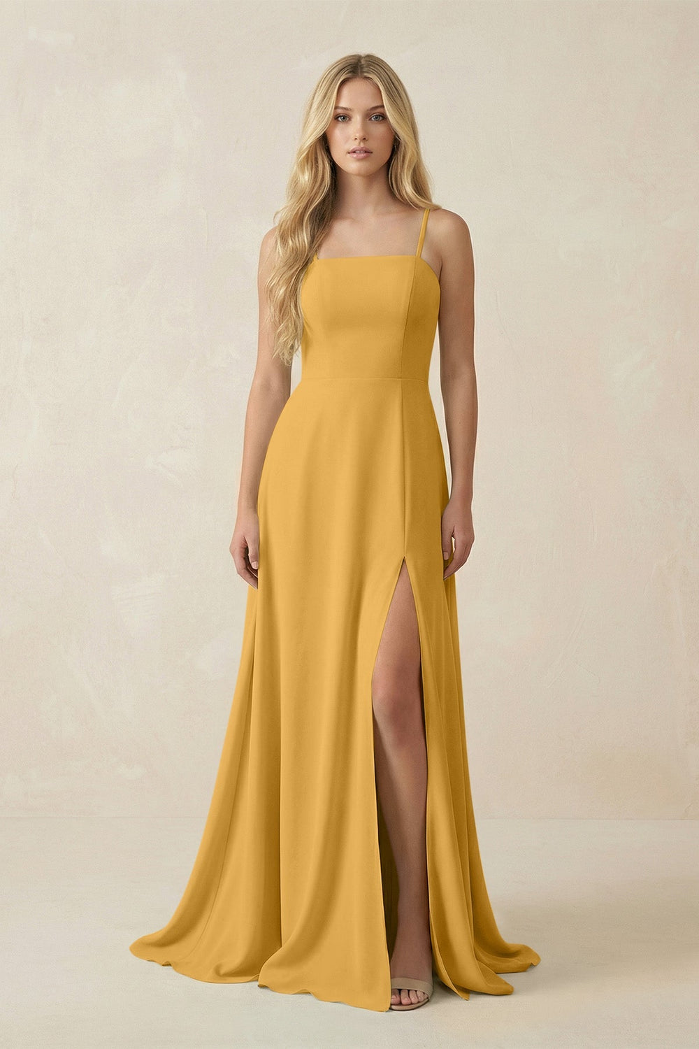Spaghetti Strap Chiffon A - Line Bridesmaid Dress in Marigold - KissProm Bridesmaid Dresses