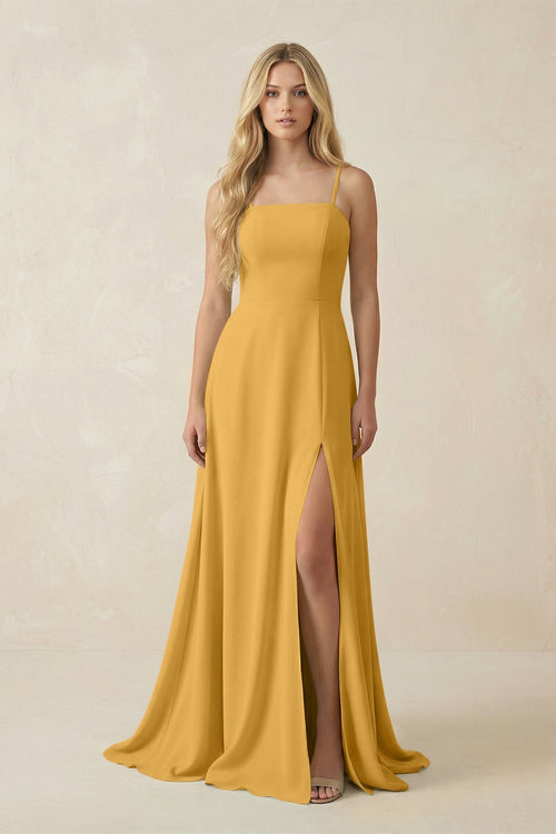Spaghetti Strap Chiffon A - Line Bridesmaid Dress in Marigold - KissProm Bridesmaid Dresses