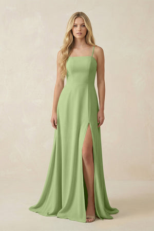 Spaghetti Strap Chiffon A - Line Bridesmaid Dress in Matcha - KissProm Bridesmaid Dresses