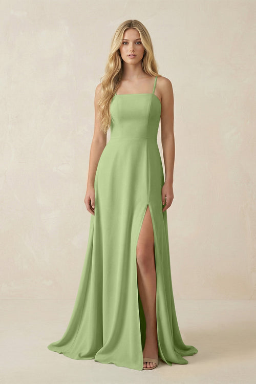 Spaghetti Strap Chiffon A - Line Bridesmaid Dress in Matcha - KissProm Bridesmaid Dresses