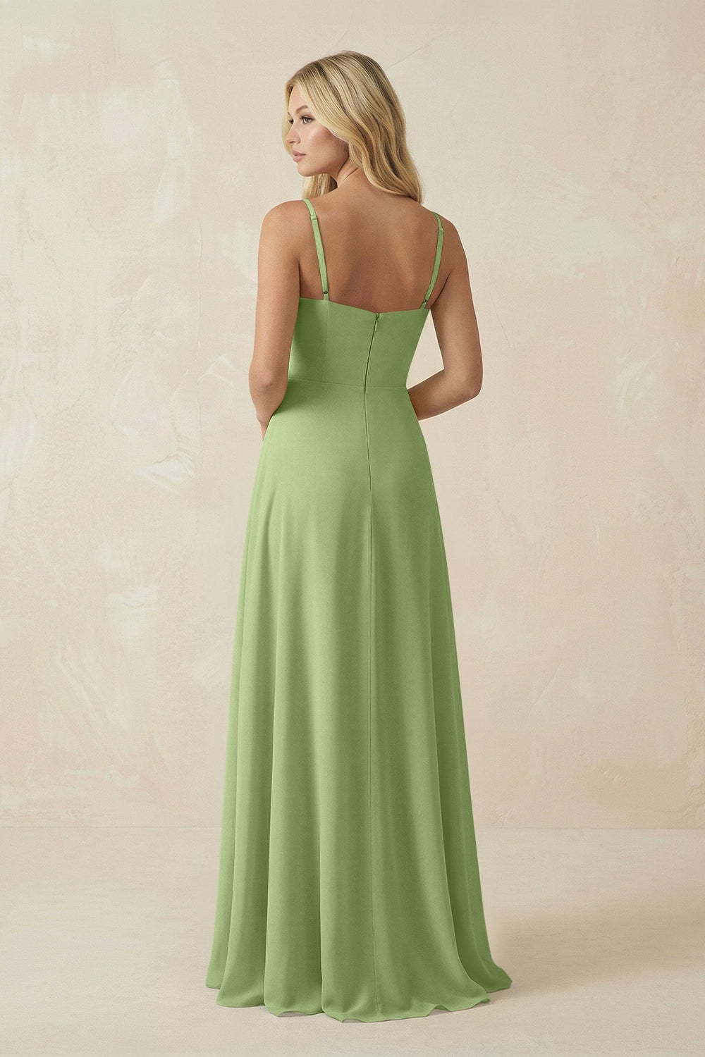 Spaghetti Strap Chiffon A - Line Bridesmaid Dress in Matcha - KissProm Bridesmaid Dresses