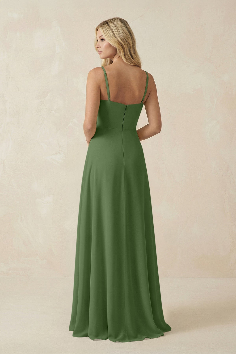 Spaghetti Strap Chiffon A - Line Bridesmaid Dress in Moss - KissProm Bridesmaid Dresses