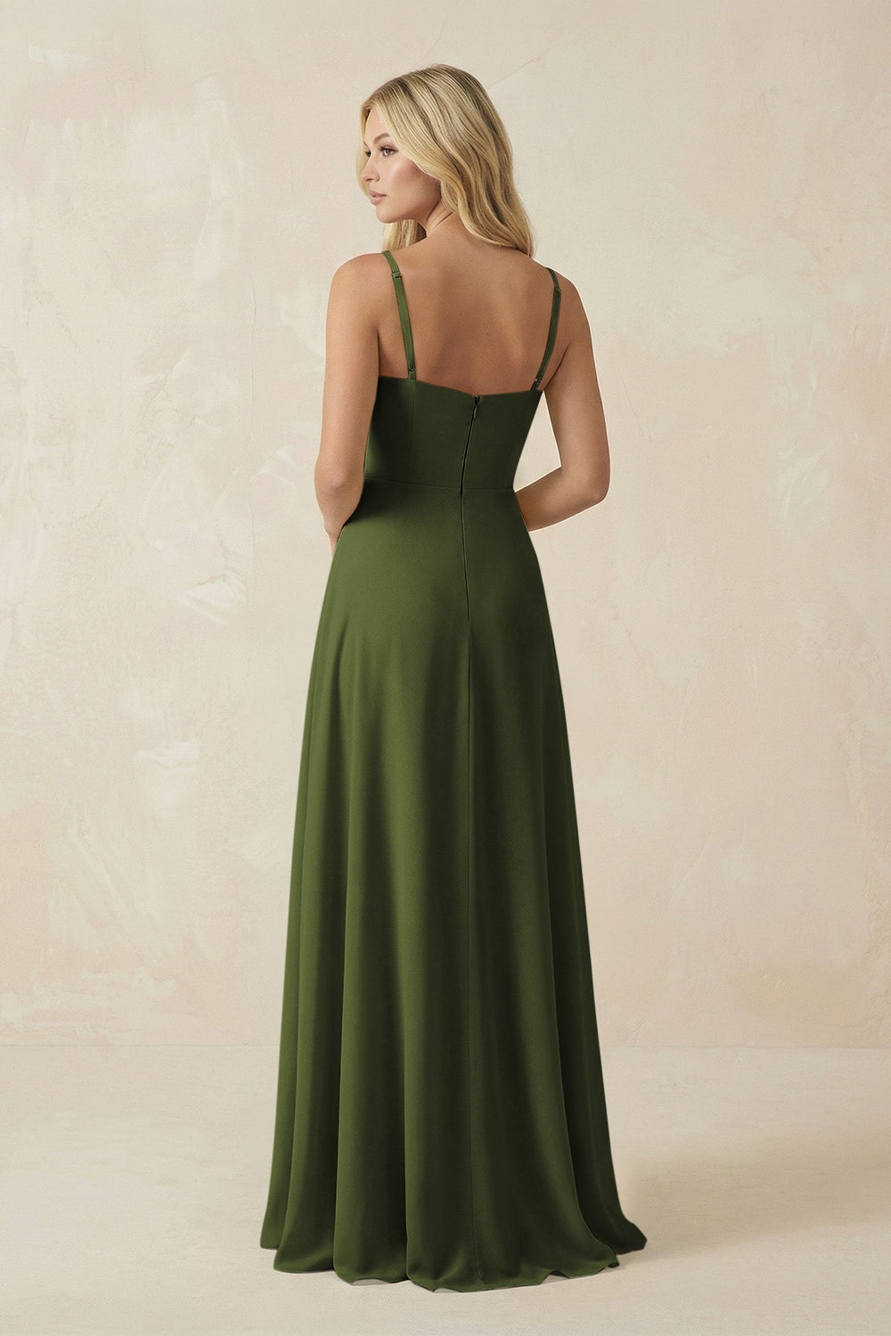 Spaghetti Strap Chiffon A - Line Bridesmaid Dress in Olive - KissProm Bridesmaid Dresses